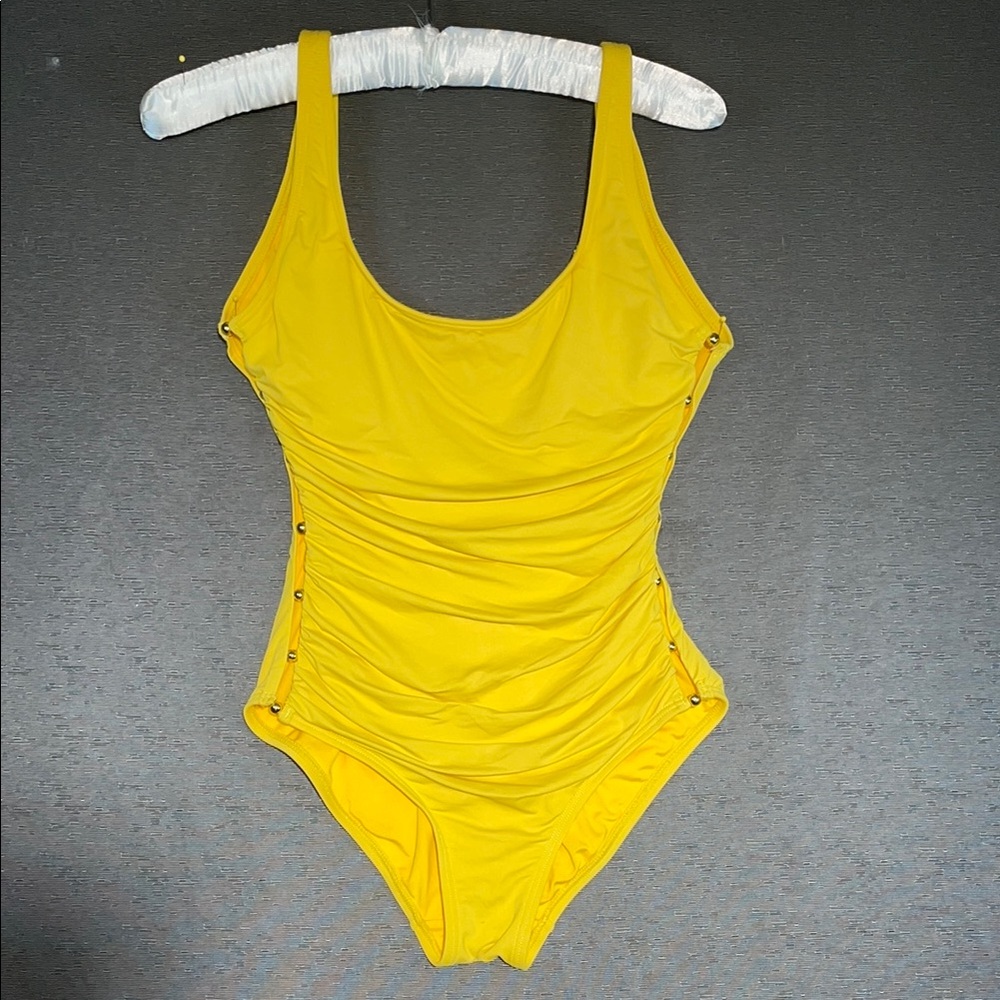 Carmen Marc Valvo Yellow‎ One Piece with Scoop Neckline and Ruching
